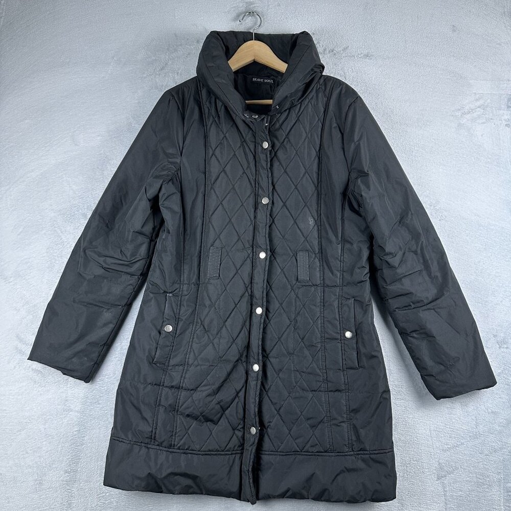 Brave Soul Quilted Long Puffer Jacket Full Zip Up Womens Size Large Black